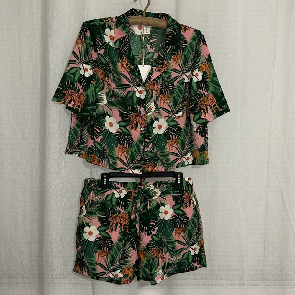 Cynthia Rowley M-L Green Orange Tropical Jungle Tiger Cropped Top & Short PJ Set - Picture 8 of 16